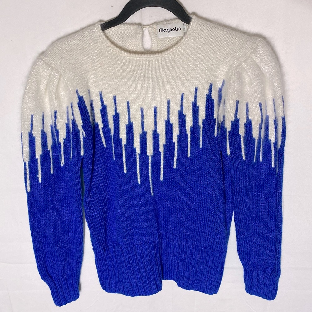 Vintage Magnolia Blue White Acrylic Angora Puff Sleeve Icicle Knit Sweater S